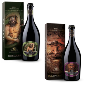 Birra artigianale - <b> in confezione regalo - 75 cl </b> - 1 POLYPHEMUS - ITALIAN GRAPE ALE con mosto di Nerello mascalese + 1 HERACLES - BLONDE ALE con Pistacchio Verde di Bronte D.O.P. + set 6 bicchieri BAVARIA 20 CL logo nero - BIRRIFICIO DELL'ETNA-GADGET 