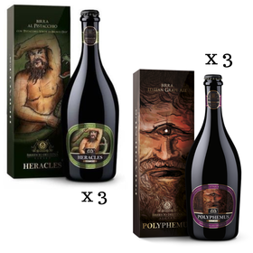 Birra artigianale - <b>6 bottiglie in confezione regalo - 75 cl </b> - 3 POLYPHEMUS - ITALIAN GRAPE ALE con mosto di Nerello mascalese + 3 HERACLES - BLONDE ALE con Pistacchio Verde di Bronte D.O.P. - BIRRIFICIO DELL'ETNA-LINEA PREMIUM