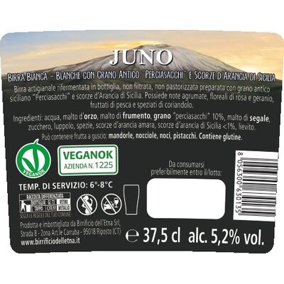 Birra artigianale JUNO - BLANCHE con grano antico "Perciasacchi" e scorze d'arancia di Sicilia - <b>12 bottiglie - 37,5 cl </b>- BIRRIFICIO DELL'ETNA-LINEA PREMIUM