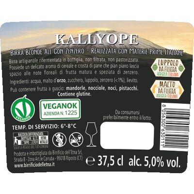 Birra artigianale KALLYOPE - BLONDE ALE con zenzero, luppoli e malti 100% da filiera agricola italiana - <b> 12 bottiglie - 37,5 cl </b> - BIRRIFICIO DELL' ETNA-LINEA PREMIUM