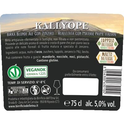 Birra artigianale KALLYOPE - BLONDE ALE con zenzero, luppoli e malti 100% da filiera agricola italiana - <b> 6 bottiglie - 75 cl </b> - BIRRIFICIO DELL' ETNA-LINEA PREMIUM